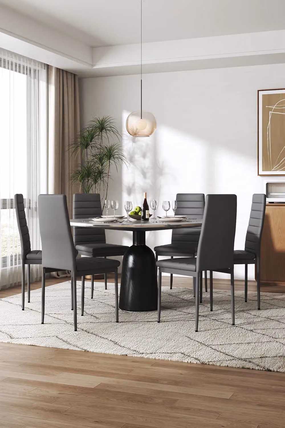 Living and Home Set of 6 Grey PU Leather Armless High Back Dining Chairs – 2