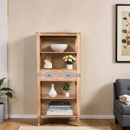 Indian Hub Wilton 2 Drawers Open Bookcase in Brown Acacia Wood, W: 85 cm, D: 40 cm, H: 180 cm – 2