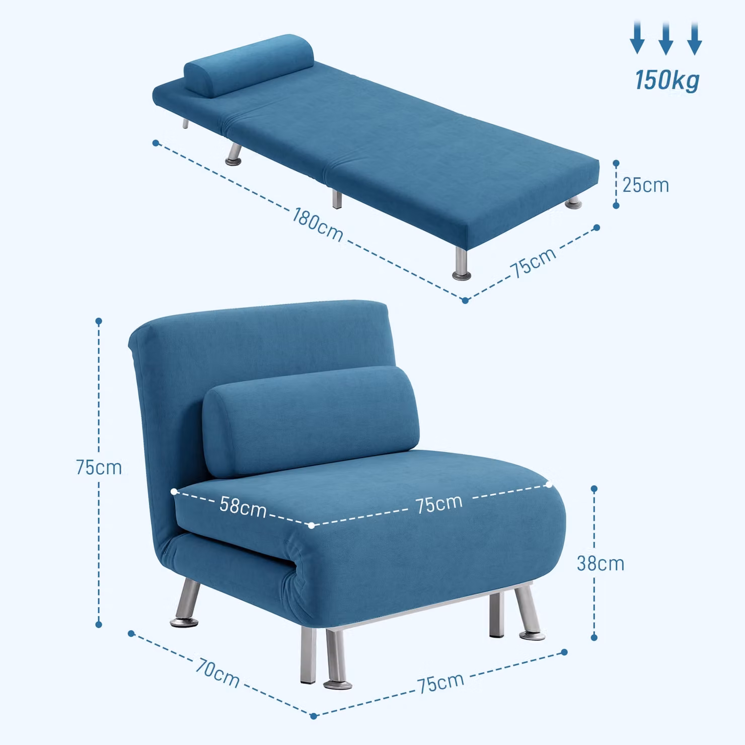 HOMCOM Single Sofa Bed, Blue Velvet Foldable Sleeper with Armrests and Pillow – 3