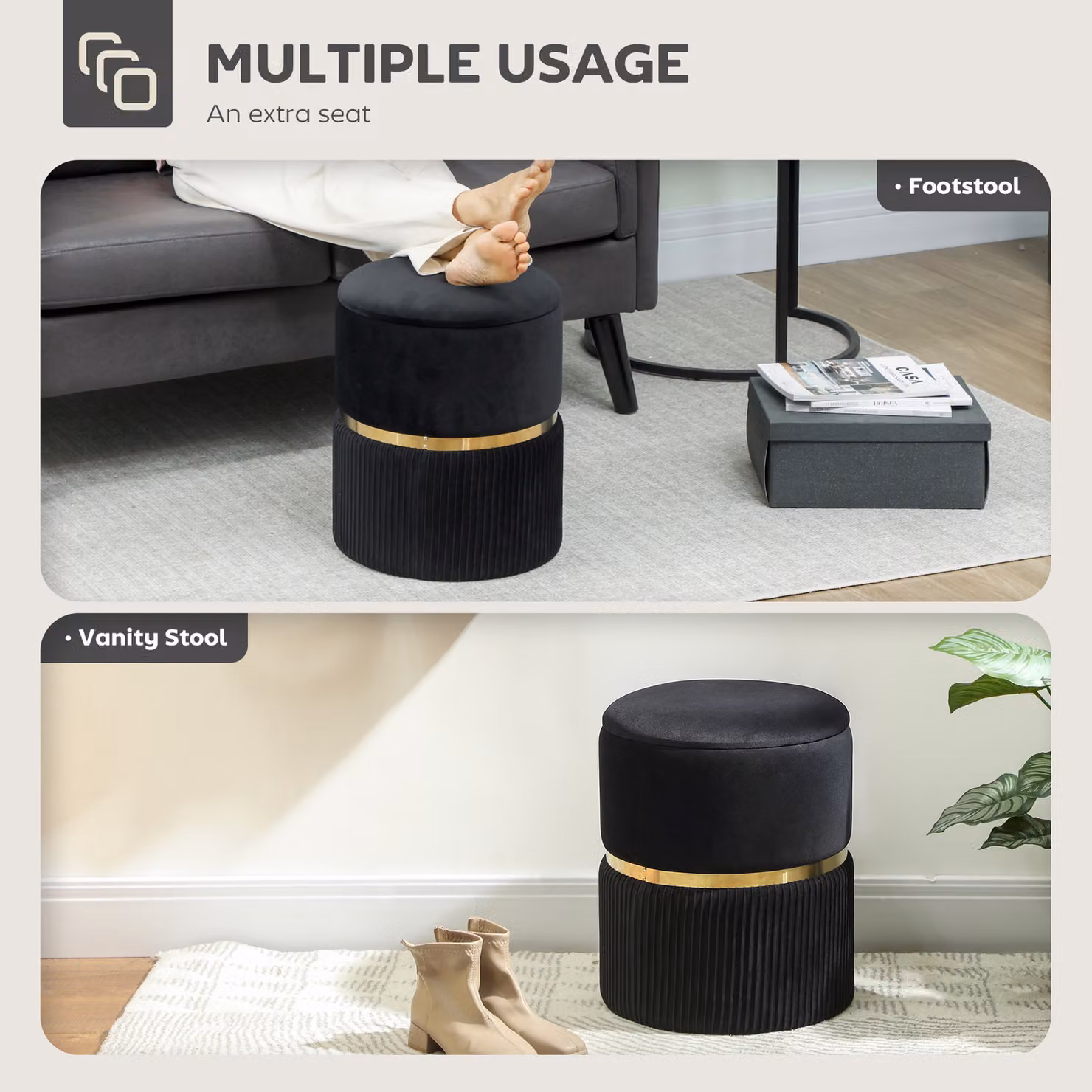 HOMCOM Velvet Storage Ottoman in Black – 5