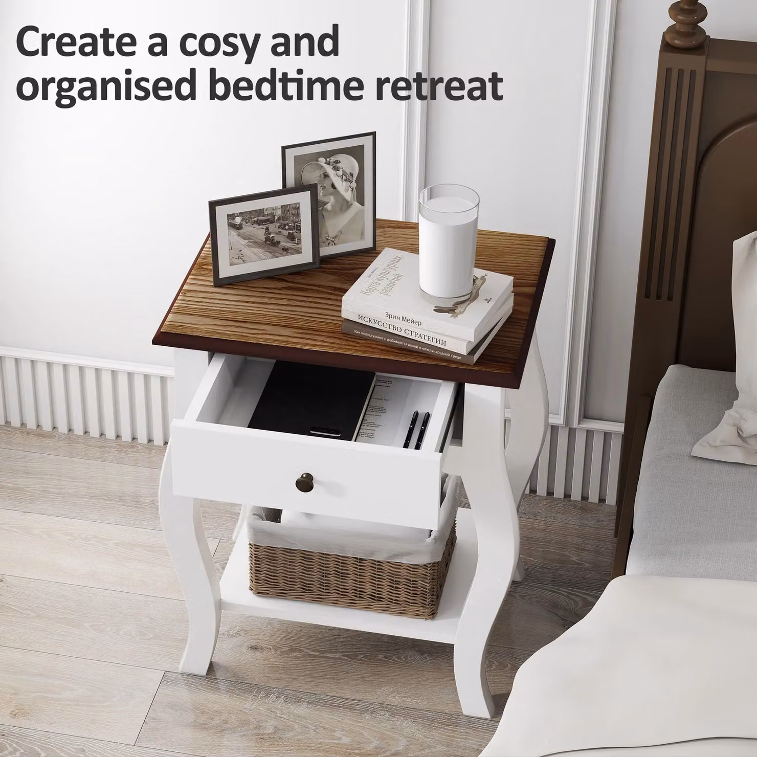 HOMCOM Set of 2 Modern White Bedside Cabinets with Drawers and Shelves – 4