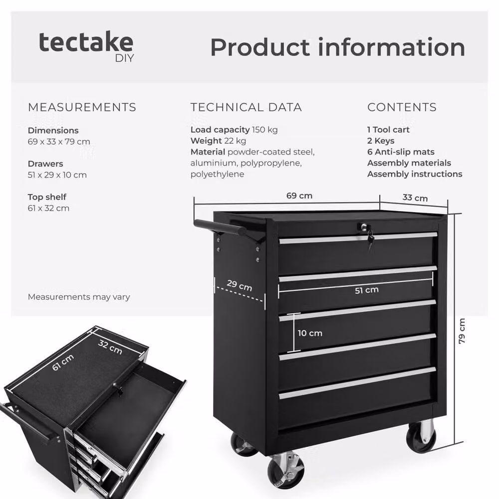 tectake Lockable and Rollable Metal Tool Chest in Black – 6
