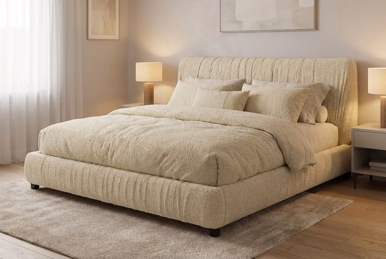 Araco Atelier Axis Upholstered Bed in Beige Bouclé Fabric