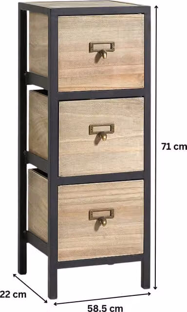 Home Source Derwent 3 Drawer Chest Storage Unit in Natural Wood and Metal Industrial Style