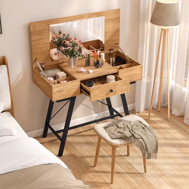 COSTWAY 2-in-1 Vanity Desk Set in Rustic Brown Wood and Metal