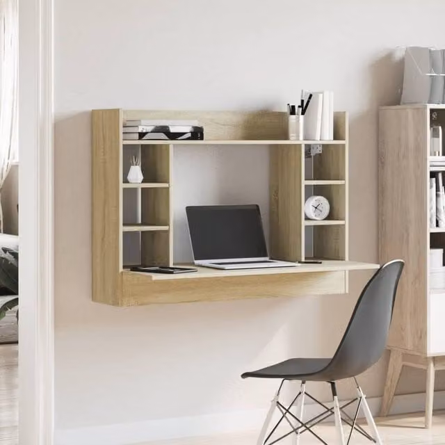 Berkfield Home Modern Wall-Mounted Writing Desk in Sonoma Oak and Beige, W/D/H: 105 x 48 x 75 cm