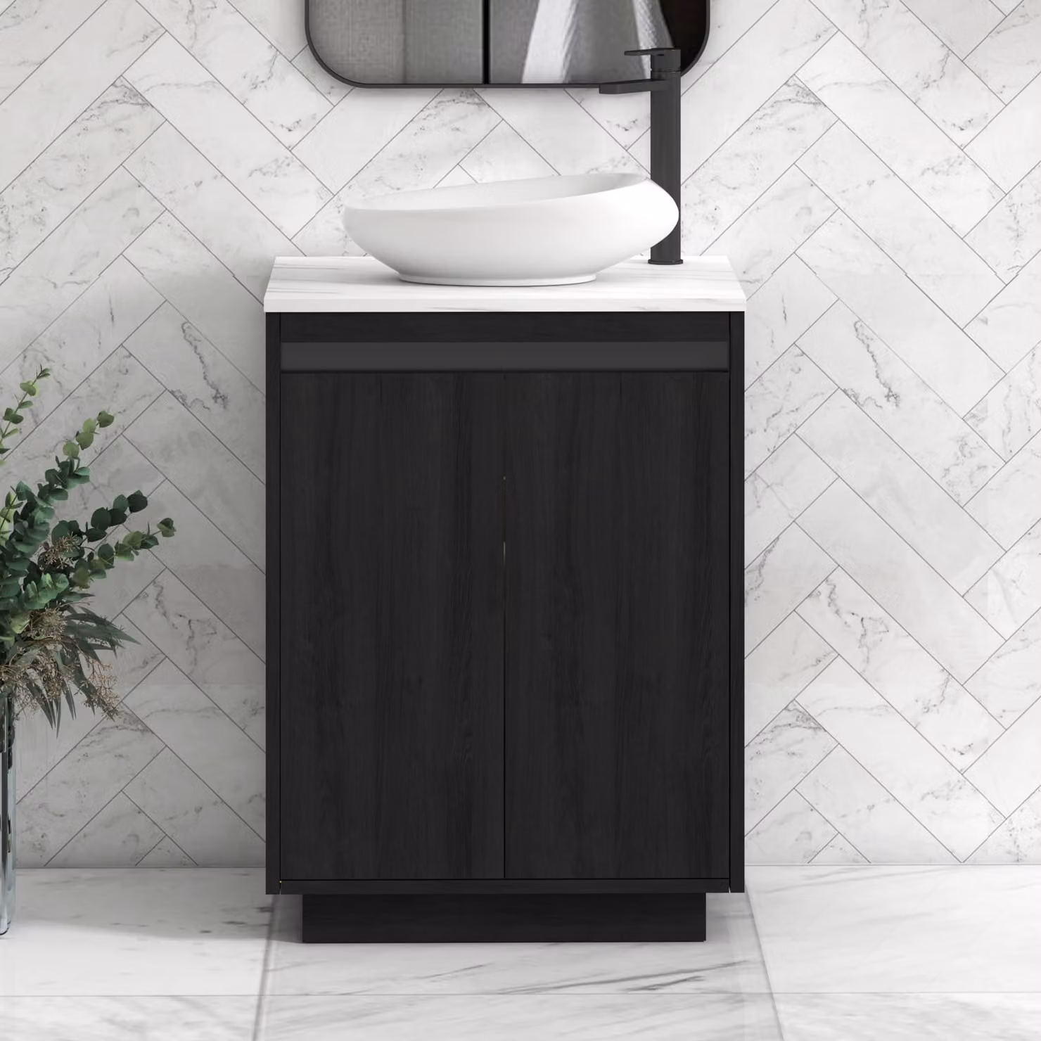 Royal Bathrooms Orion 600mm Hale Black Floor Standing 2 Door Vanity Unit with Carrara White Nova Basin and Black Accent Trim