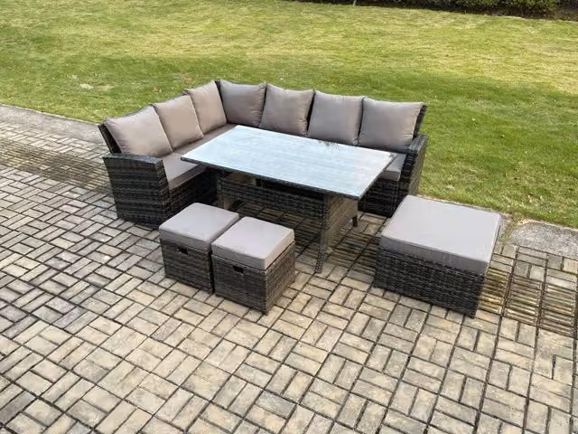 Fimous 9 Seater Garden Rattan Corner Dining Set with 3 Footstools in Dark Grey