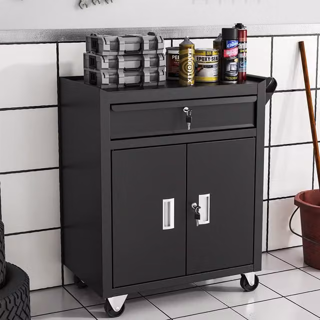 Livingandhome Lockable Metal Tool Storage Cabinet Trolley Cart with Sliding Drawer, Black