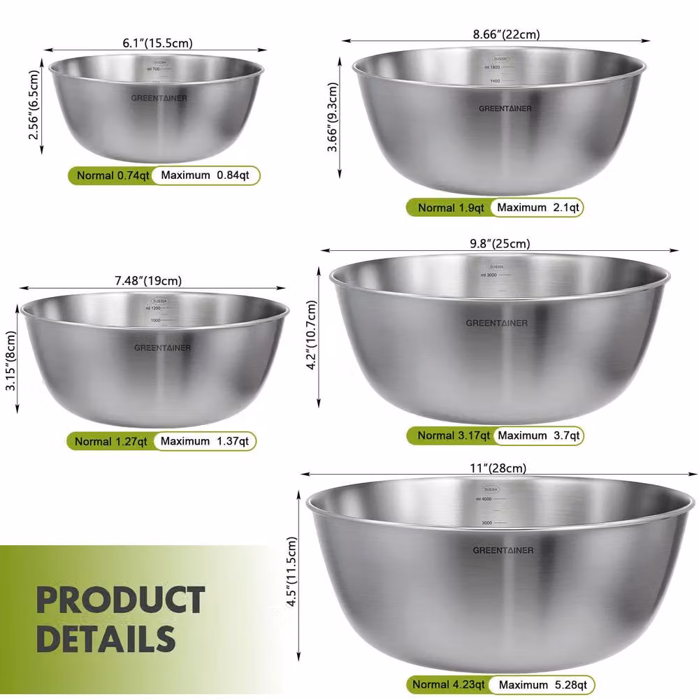 Greentainer 5-Piece Stainless Steel Round Nesting Bowls Set in Silver – 2
