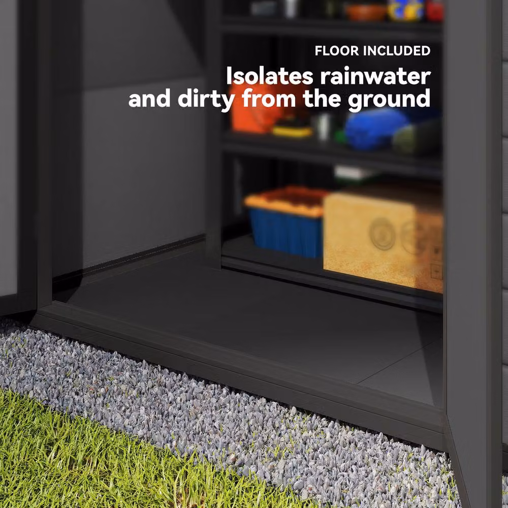 OUTSUNNY Plastic Garden Shed with Lockable Double Doors, Dark Grey, W: 182.88 cm, D: 134.0 cm, H: 210.0 cm – 5
