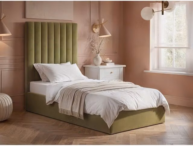 Flair Everley Single Ottoman Bed in Green Velvet and Boucle, W/D/H: 90 x 200 x 45 cm