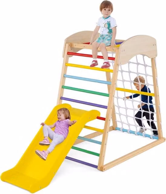 COSTWAY 4-in-1 Toddler Jungle Gym with Slide in Brown and Multicolour