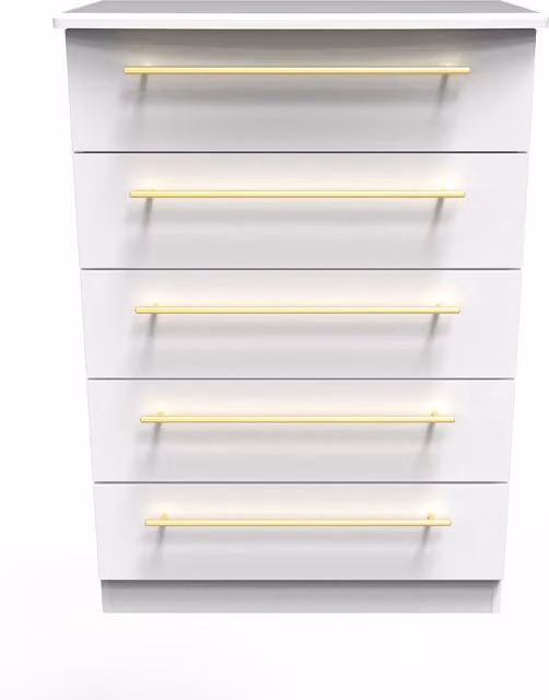 Haworth Ready Assembled 5 Drawer Chest in White Ash with Gold Accents