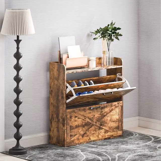 HOMCOM Narrow Rustic Brown Shoe Cabinet with 2 Tilting Compartments and Adjustable Internal Shelves