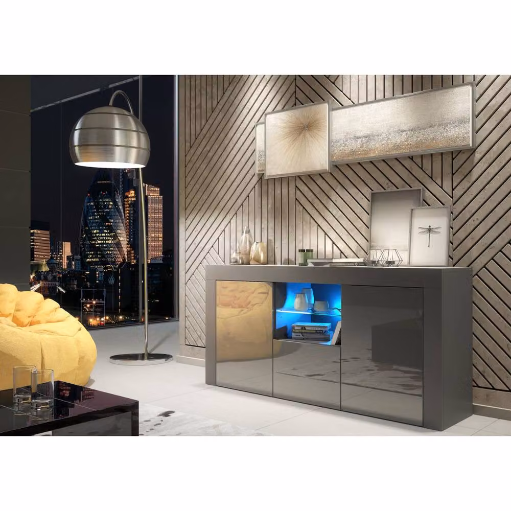 Mex Furniture LTD Aurora Sideboard in Dark Grey with Glossy Doors and Integrated LED Lighting, W: 145 cm, H: 70 cm, D: 35 cm – 2