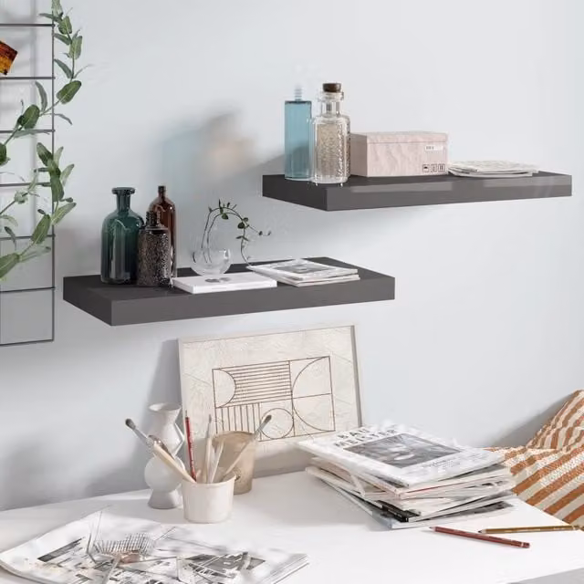 Berkfield Home Set of 2 High Gloss Grey Floating Wall Shelves, W/D/H: 50 x 23 x 3.8 cm – 1