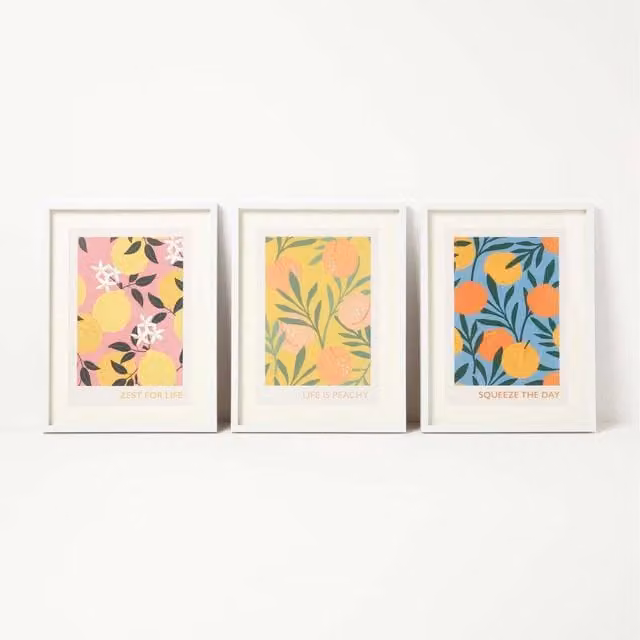 Homescapes Set of 3 Summer Fruits Framed Wall Art, Multicolour, W/D/H: 30 x 30 x 3 cm