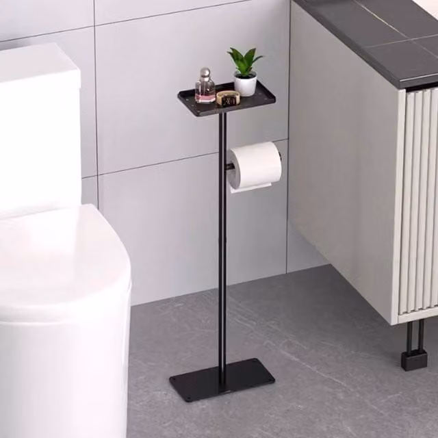 EONLION Free Standing Toilet Paper Holder and Spare Roll Stand in Black