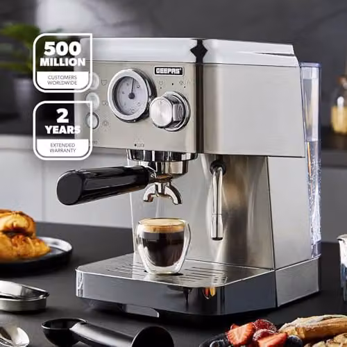 GEEPAS Espresso and Cappuccino Coffee Machine with Milk Frother, 15 Bar Pressure, 1.8L Detachable Water Tank, 1140W, Silver Stainless Steel – 2