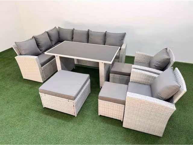Fimous 11-Seater Grey Rattan Corner Garden Sofa Set with Coffee Table and Ottoman