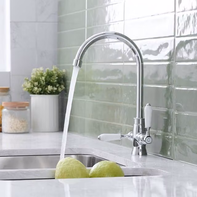 Heable Chrome Victorian Dual-Lever Ceramic Kitchen Mixer Tap in Silver