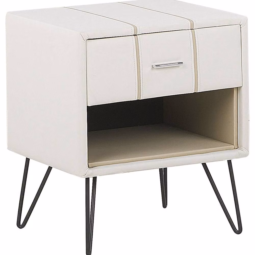 Wyld and Coco White Faux Leather Bedside Table with Metal Hairpin Legs – 2