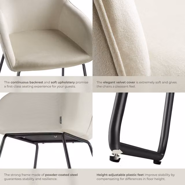 TECTAKE Jeane Dining Chair Set of 6, Velvet Look Cantilever Design in Cream and Black