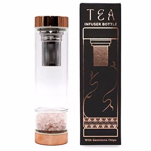 Serenityy Crystal Glass Tea Infuser Bottle with Rose Gold Cap, Rose Quartz, 500ml