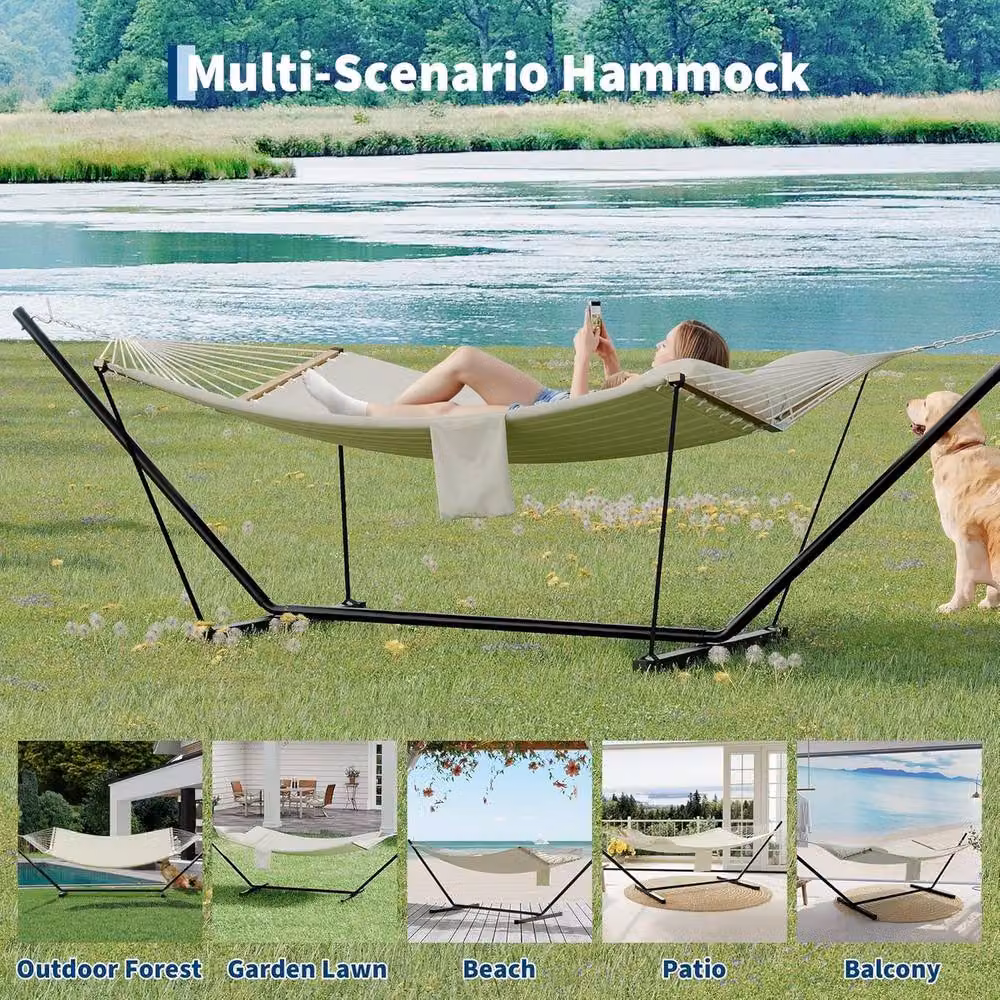 London Boutique Double Hammock with Stand and Cushions in Beige – 5