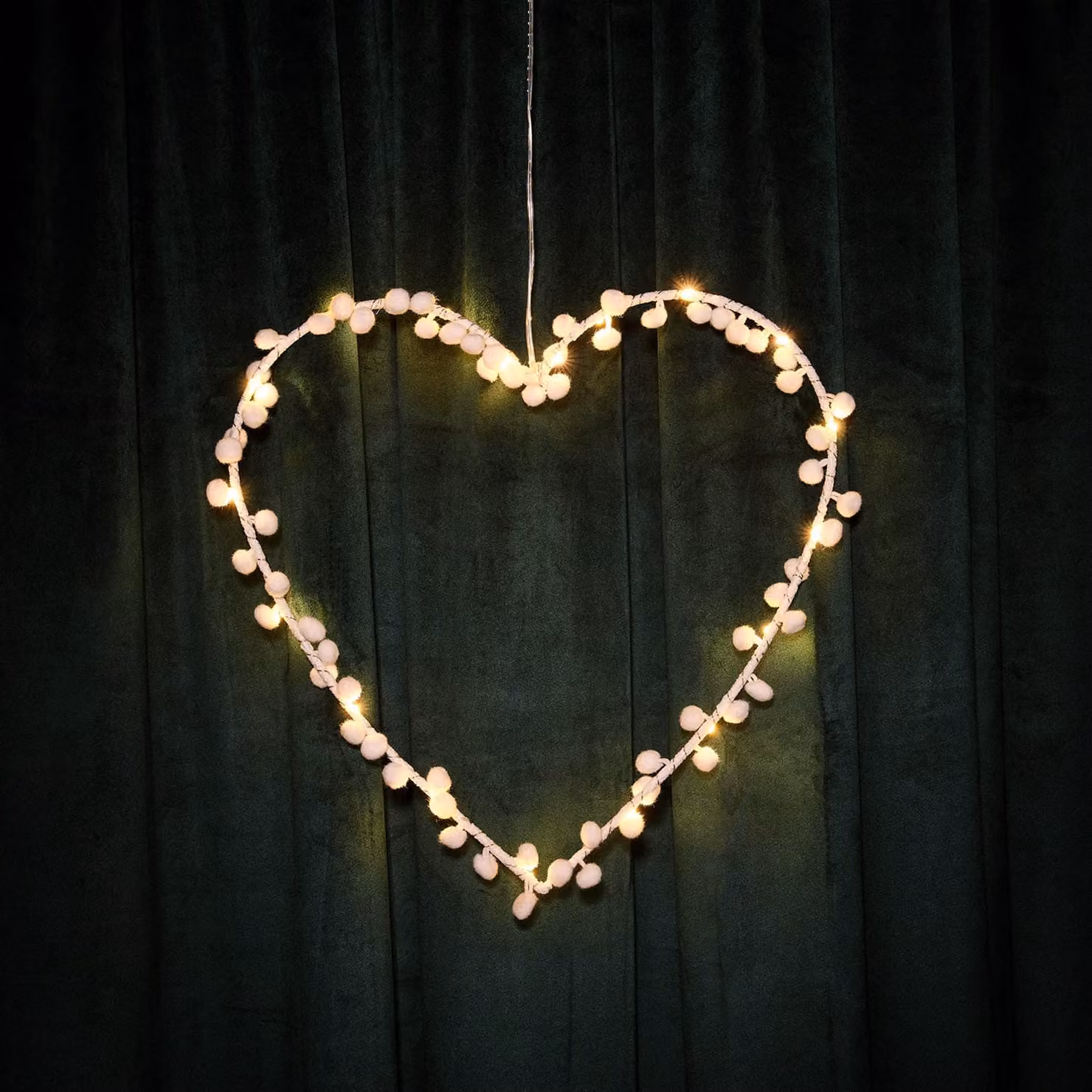 Lights4fun White Pom Pom Heart Hanging Wreath Decoration with 20 Warm White LEDs and Timer – 1