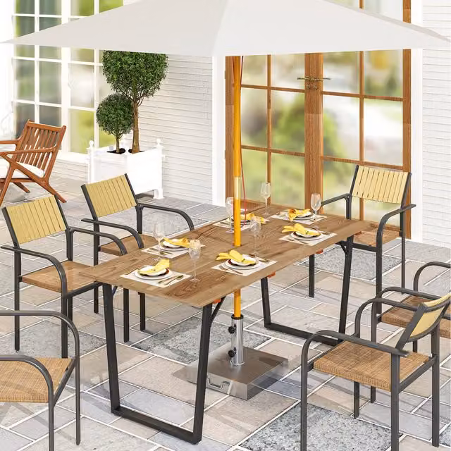 Outsunny Modern Brown Wooden Garden Table for 6 with 5cm Parasol Hole