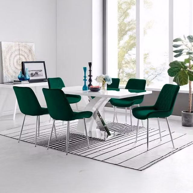 FurnitureboxUK Atlanta White Rectangular Dining Table and 6 Green Pesaro Upholstered Chairs with Silver Legs – 1