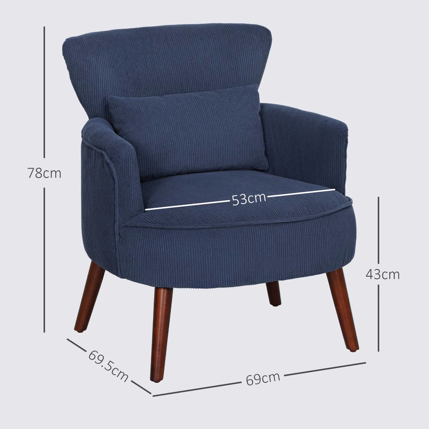 HOMCOM Blue Corduroy Retro Tub Accent Chair with Armrests and Solid Wood Frame – 3