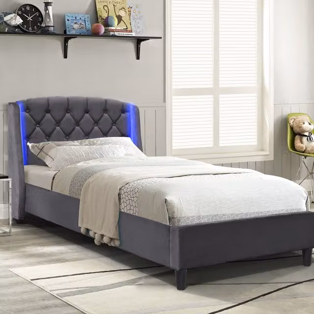 Comfy Living Upholstered Fabric Bedframe with LED Headboard in Grey, W/D/H: 90 x 200 cm