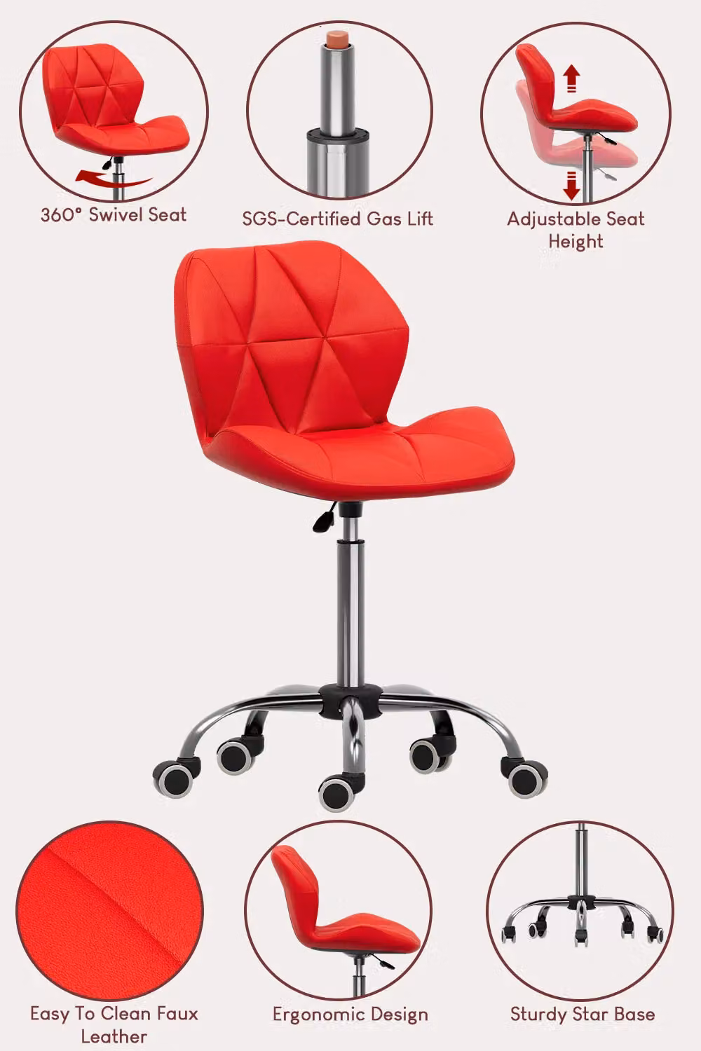 Vida Designs Geo Ergonomic Adjustable Swivel Chair with Armrests in Red Geometric Fabric – 6