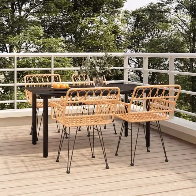 Berkfield Home 5 Piece Brown Poly Rattan Garden Dining Set with Glass Top Table and Chairs