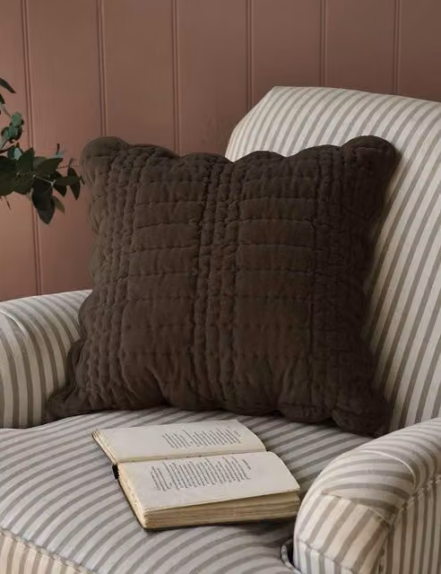 Laura Ashley Dark Brown Velvet Scalloped Square Cushion