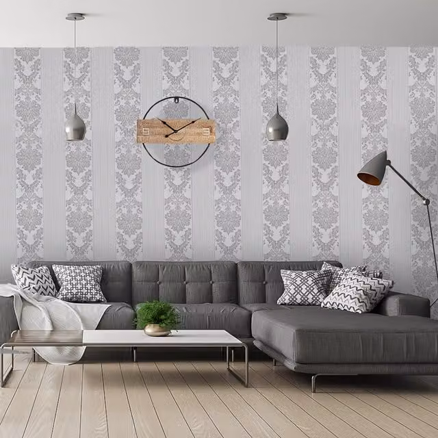 Livingandhome Grey Botanical Floral and Stripe Pattern Non-Woven Wallpaper