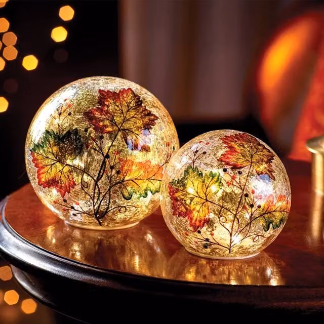Coopers of Stortford Set of 2 Autumn Floral Crackle Glass LED Tabletop Light Balls in Gold, Green and Multicolour, W/D/H: 15 x 15 x 15 cm