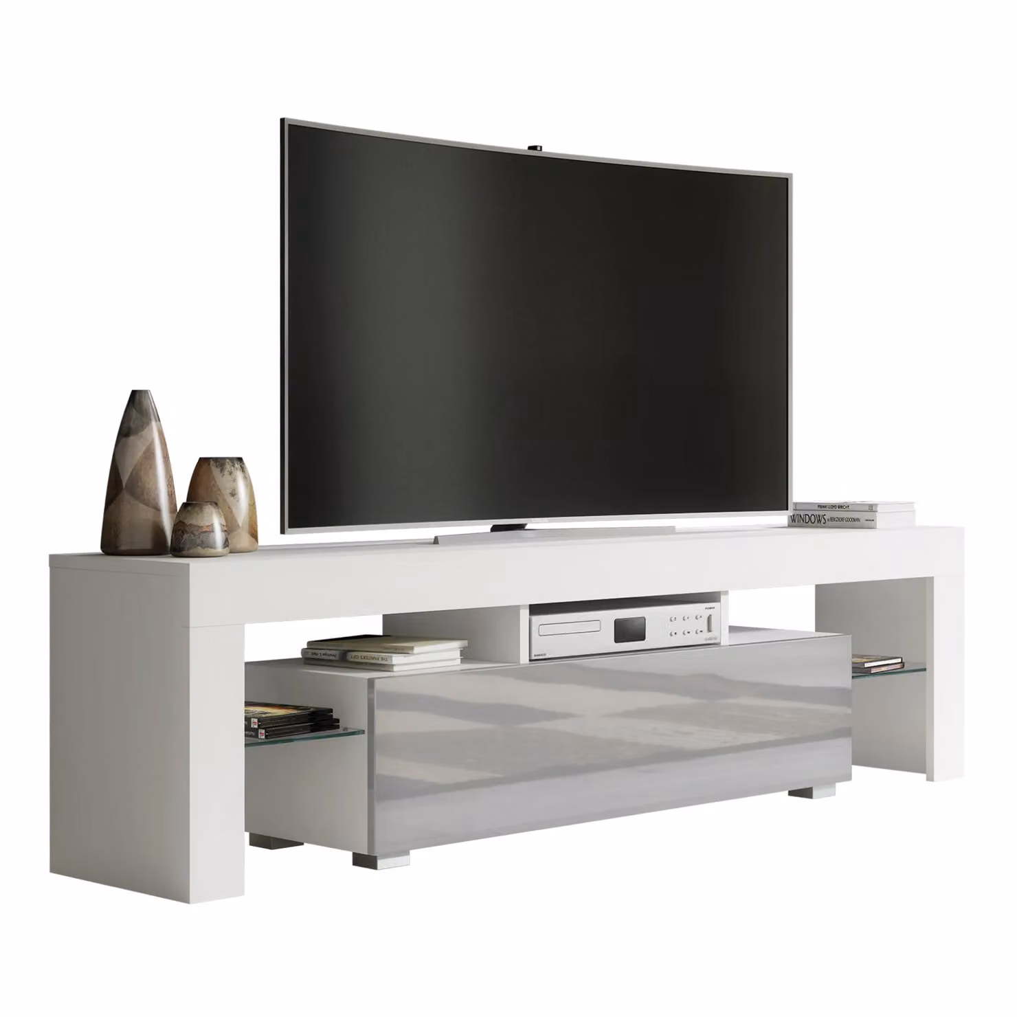 Creative Furniture Modern Glossy TV Unit in White with Grey Doors, W: 160 cm, H: 45 cm, D: 35 cm – 3