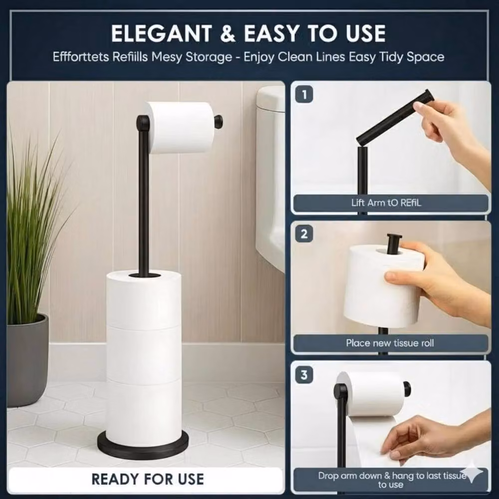 PAWNORA Black 2-in-1 Freestanding Metal Toilet Roll and Spare Roll Holder – 3