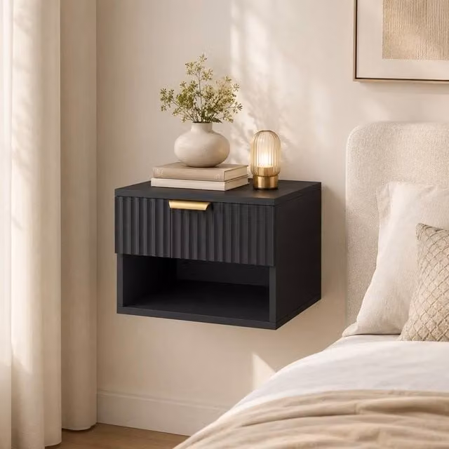 STILVORA Set of 2 Black Wall Mounted Bedside Cabinets with Soft Close Drawers – 1