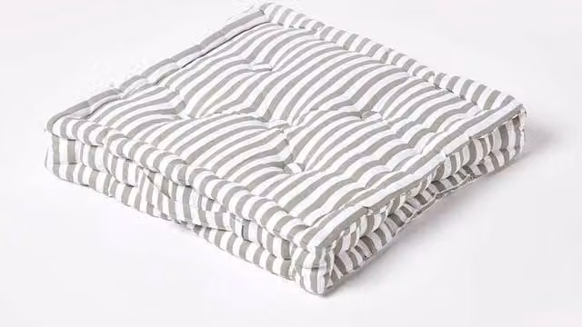 Homescapes Cotton Pin Stripe Floor Cushion in Grey and White, W/D/H: 40 x 40 x 8 cm