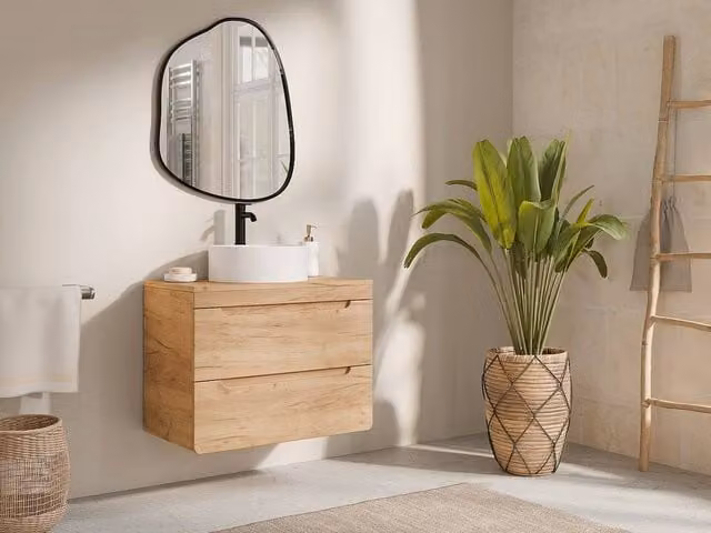 Vente-unique Wall-Mounted Bathroom Vanity Unit with Round Countertop Basin in Light Oak Brown, W: 80 cm, D: 46 cm, H: 59 cm – 1