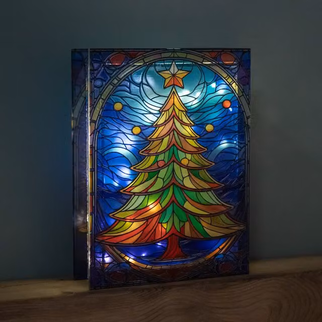 Samuel Alexander Multicolour Stained Glass Christmas Tree Tabletop Decoration with LEDs, Height: 28 cm