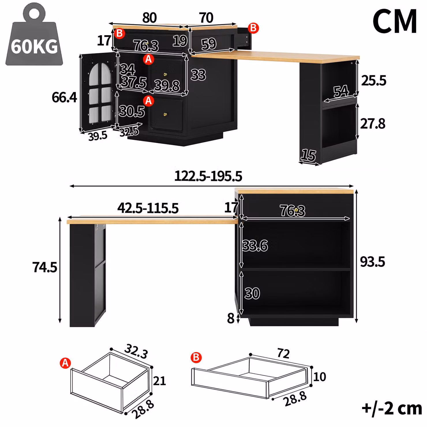 Aosom UK Extendable Bar Table with Arched Tempered Glass Doors in Black, W/D/H: 195.5 x 70 x 93.5 cm – 3