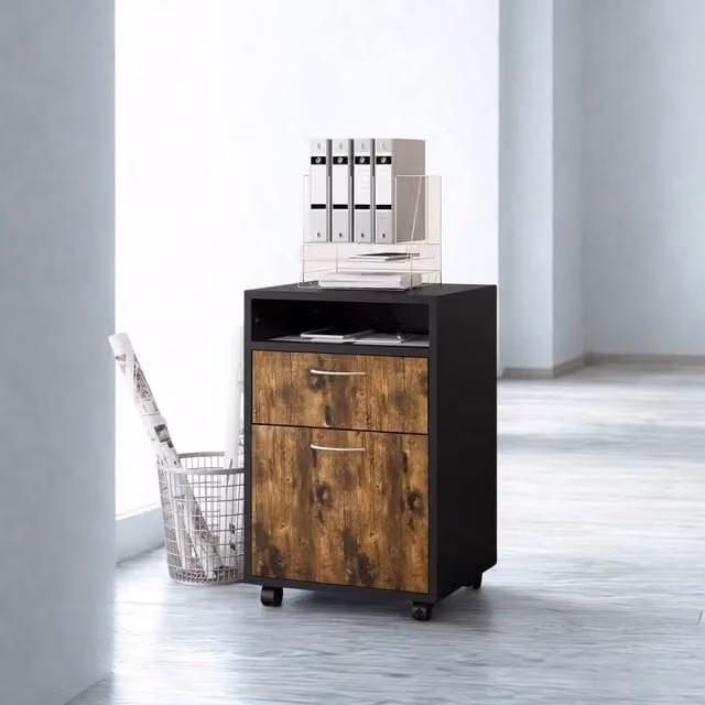 FURNOS 2 Drawer Portable Rolling Filing Cabinet with Shelf, Brown