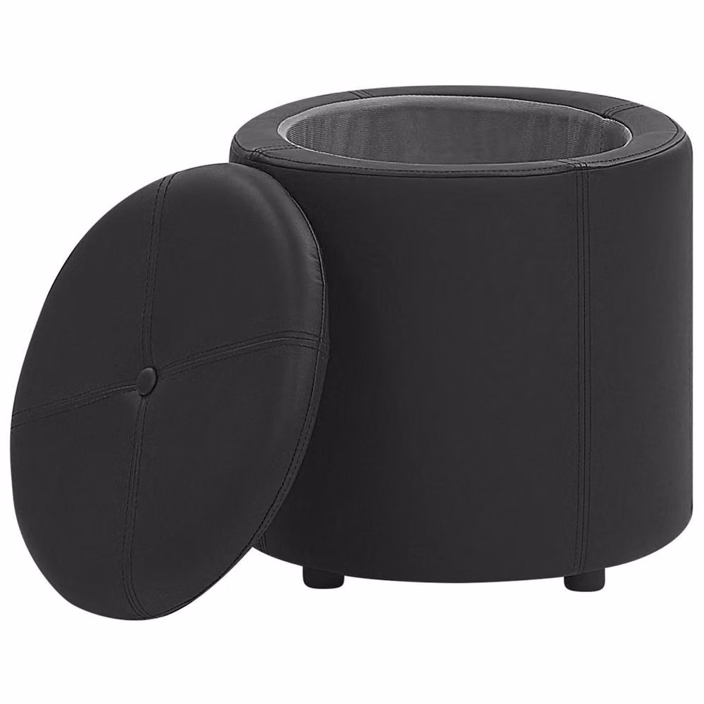 Wyld and Coco Glamour Black Faux Leather Cylindrical Storage Pouffe W: 40 cm, D: 38 cm, H: 40 cm – 4
