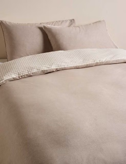 M&S Brushed Cotton Flannelette Gingham Bedding Set, Reversible Checked Design in Brown and Beige, W: 200 cm x H: 200 cm